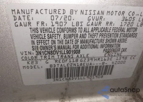 2020 Nissan Versa S Xtronic Cvt z USA, uszkodzony, nr VIN 3N1CN8DV1LL901908
